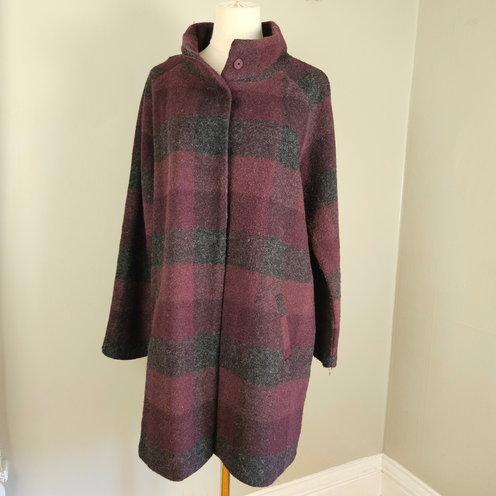 Adrienne‎ Vittadini Wool Blend Plaid Check Coat Sz L Charcoal Maroon Jacket